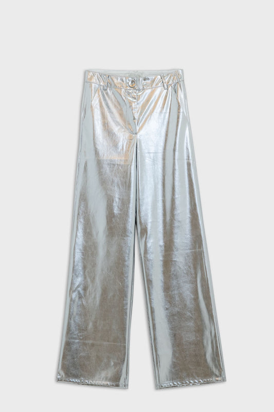 Q2 Metallic Straight Leg Pants in Silver